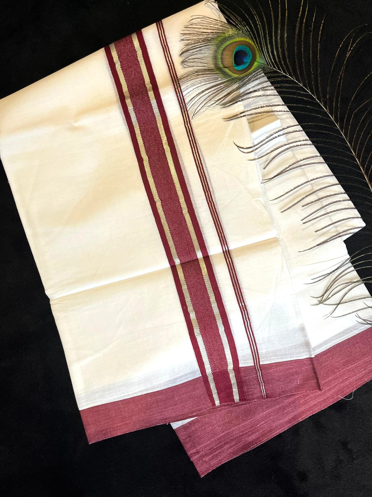 Bleached/white Kasavu Mundu - Silver & Wine Red