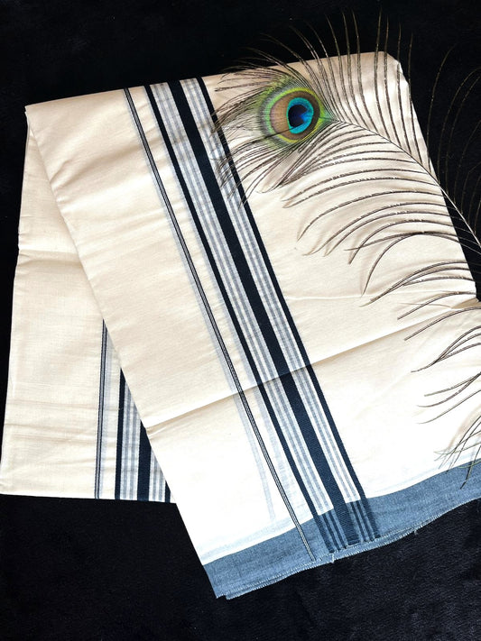 Off-white/cream Cotton Double Mundu - Dark Teal