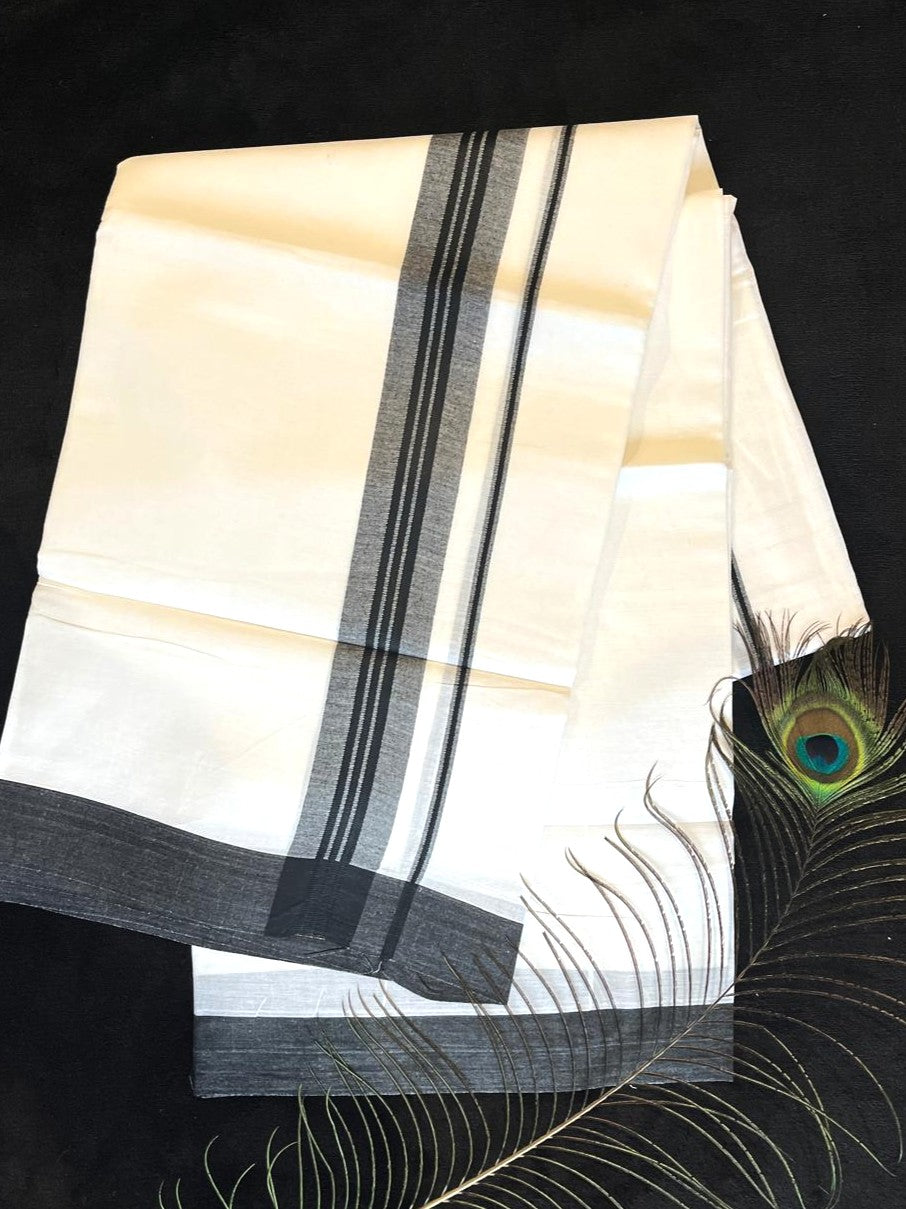 Bleached/white Cotton Double Mundu - Black