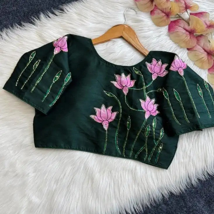 Silk Blouse with Lotus Print & Bugle Beadwork
