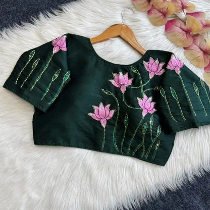 Silk Blouse with Lotus Print & Bugle Beadwork