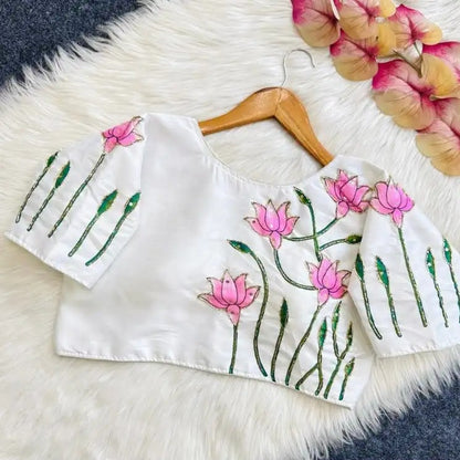 Silk Blouse with Lotus Print & Bugle Beadwork