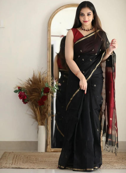 Cotton Blend Saree in Black & Maroon