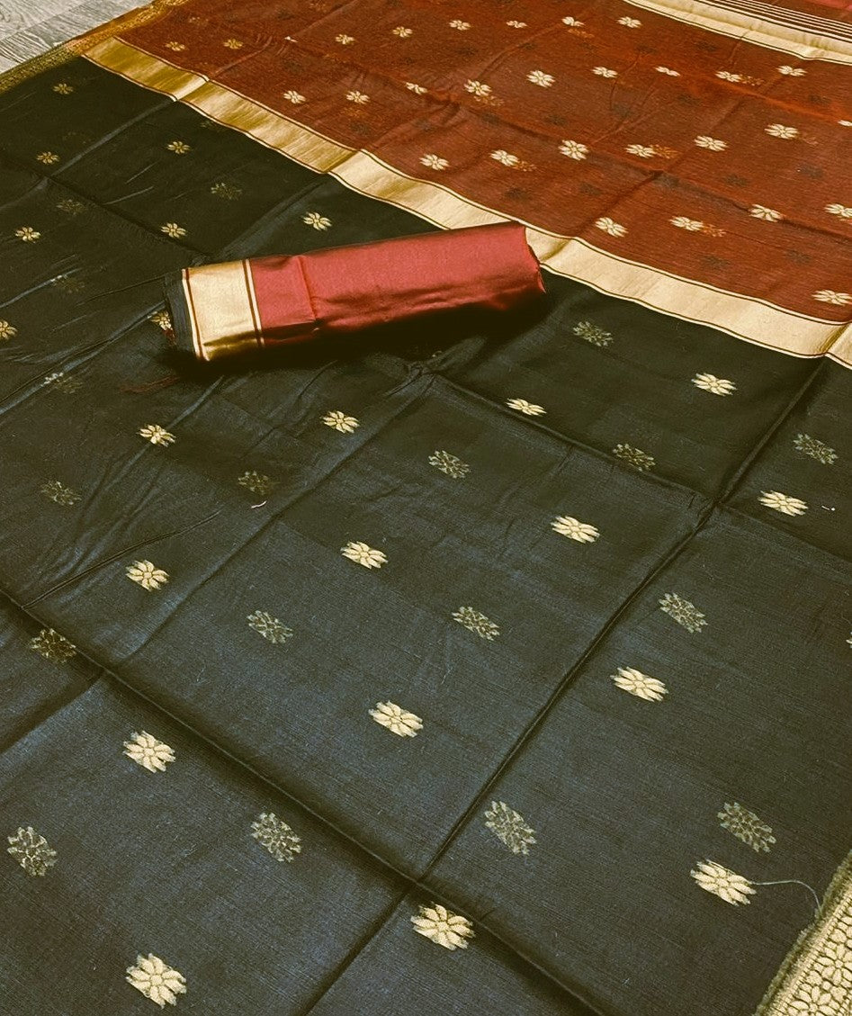 Cotton Blend Saree in Black & Maroon