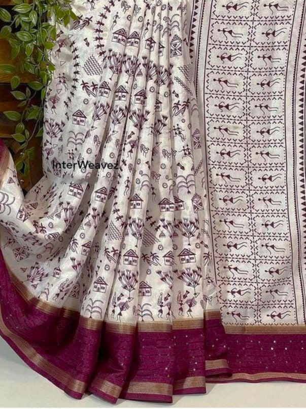 Warli Print Cotton Blend Saree with Stitched Blouse