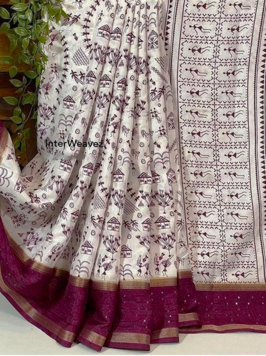 Warli Print Cotton Blend Saree with Stitched Blouse