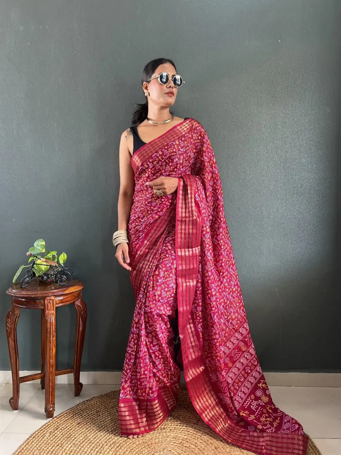 Ready-to-wear Saree with Stitched Blouse - Maroon