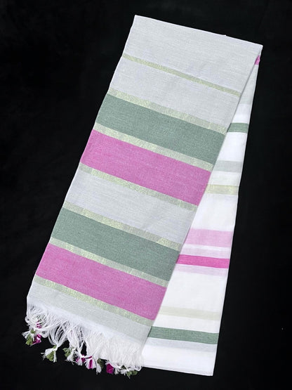 Semi Tussar Saree in Pink, Green & White
