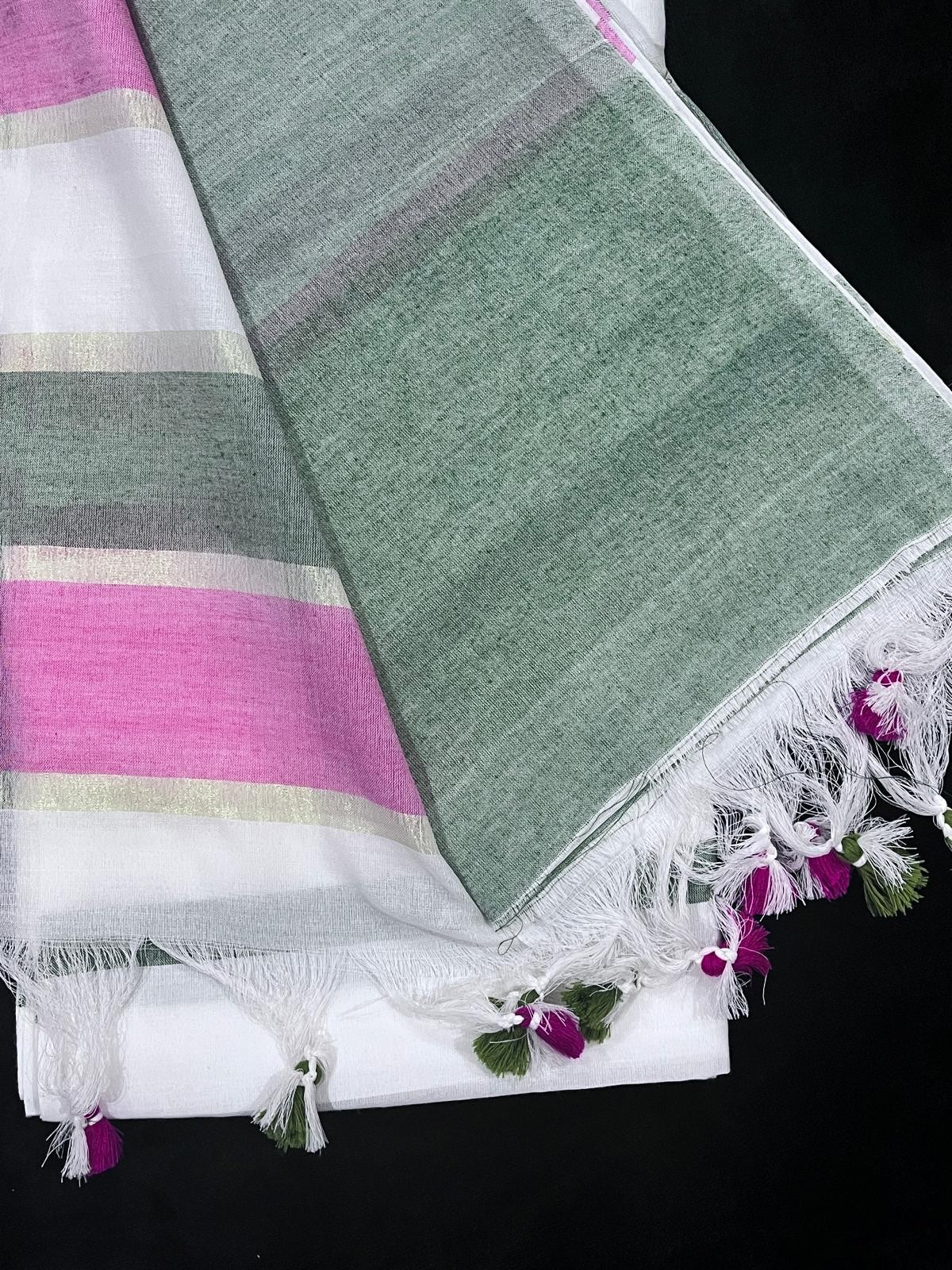 Semi Tussar Saree in Pink, Green & White