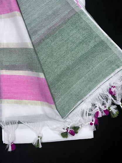 Semi Tussar Saree in Pink, Green & White
