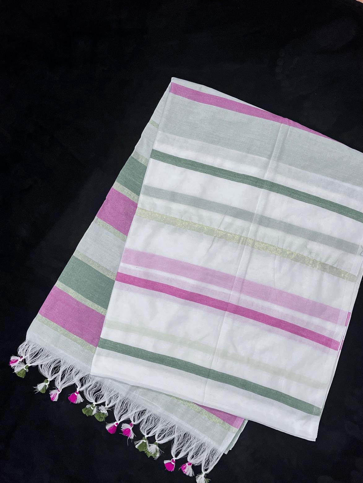 Semi Tussar Saree in Pink, Green & White