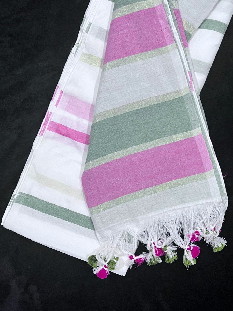 Semi Tussar Saree in Pink, Green & White