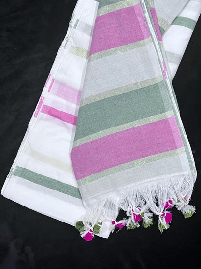 Semi Tussar Saree in Pink, Green & White