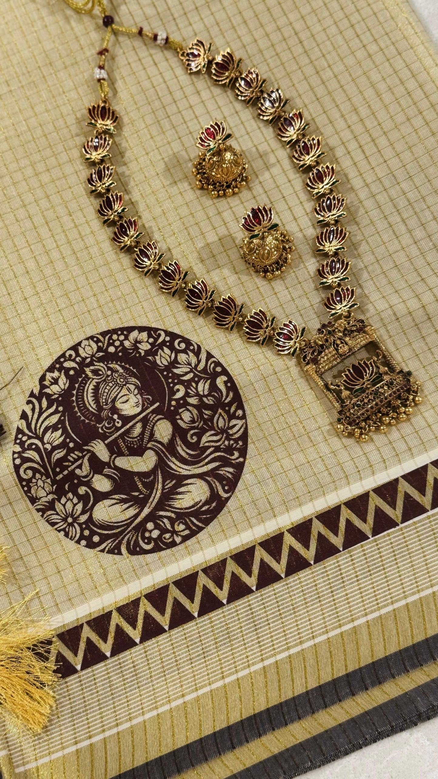 Tissue Saree - Gold Kasavu with Prints along Border & Tassels