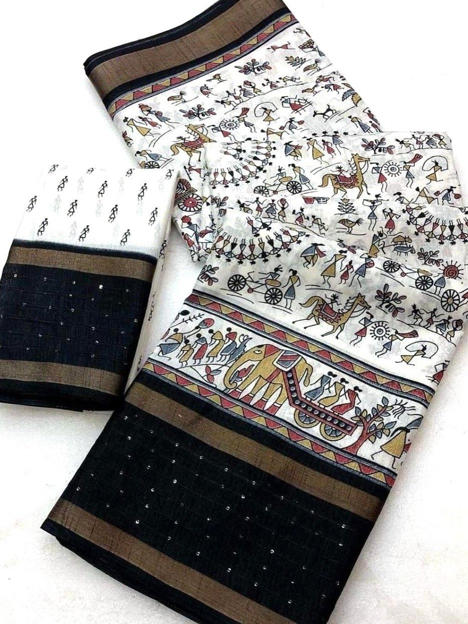 Warli Print Cotton Blend Saree with Stitched Blouse