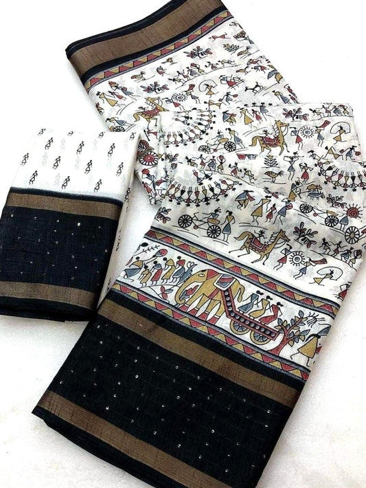 Warli Print Cotton Blend Saree with Stitched Blouse