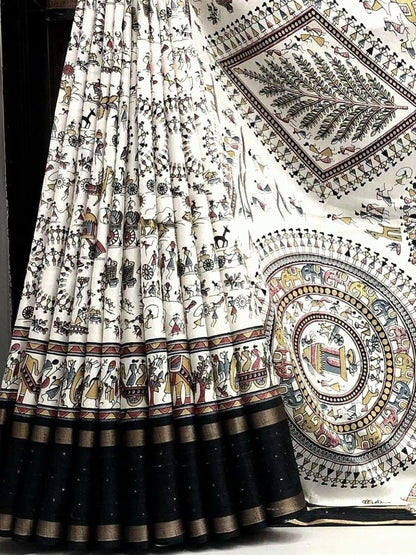 Warli Print Cotton Blend Saree with Stitched Blouse