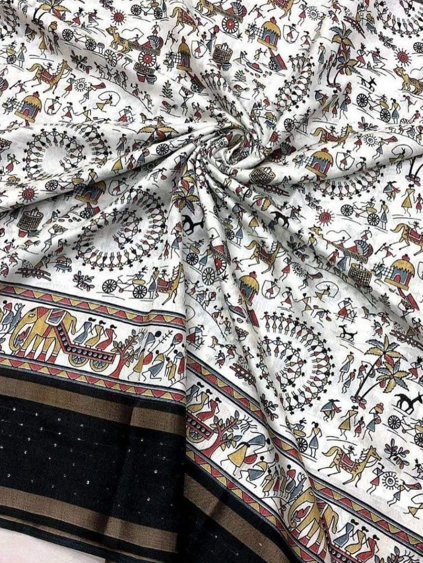 Warli Print Cotton Blend Saree with Stitched Blouse