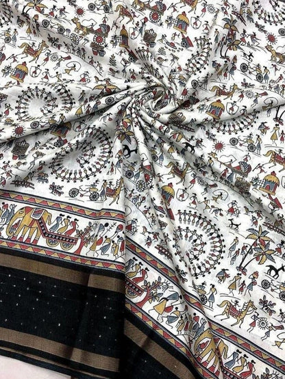 Warli Print Cotton Blend Saree with Stitched Blouse