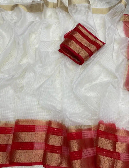 Pure Organza Saree in White & Red