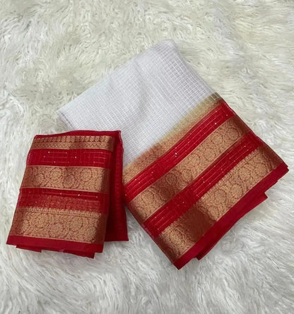Pure Organza Saree in White & Red